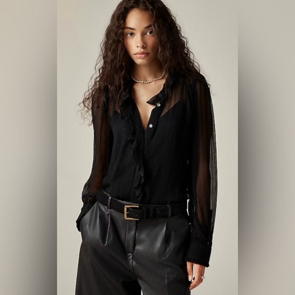J.Crew Ruffle button-up shirt in crinkle chiffon in black